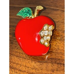 Vintage Goldtone RED & GREEN Enamel Rhinestone APPLE Brooch Pin